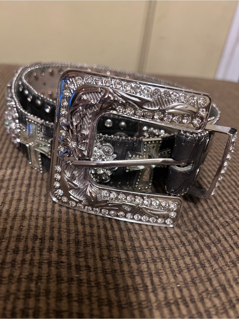 Rhinestone Western Belt - Black with Silver Buckle